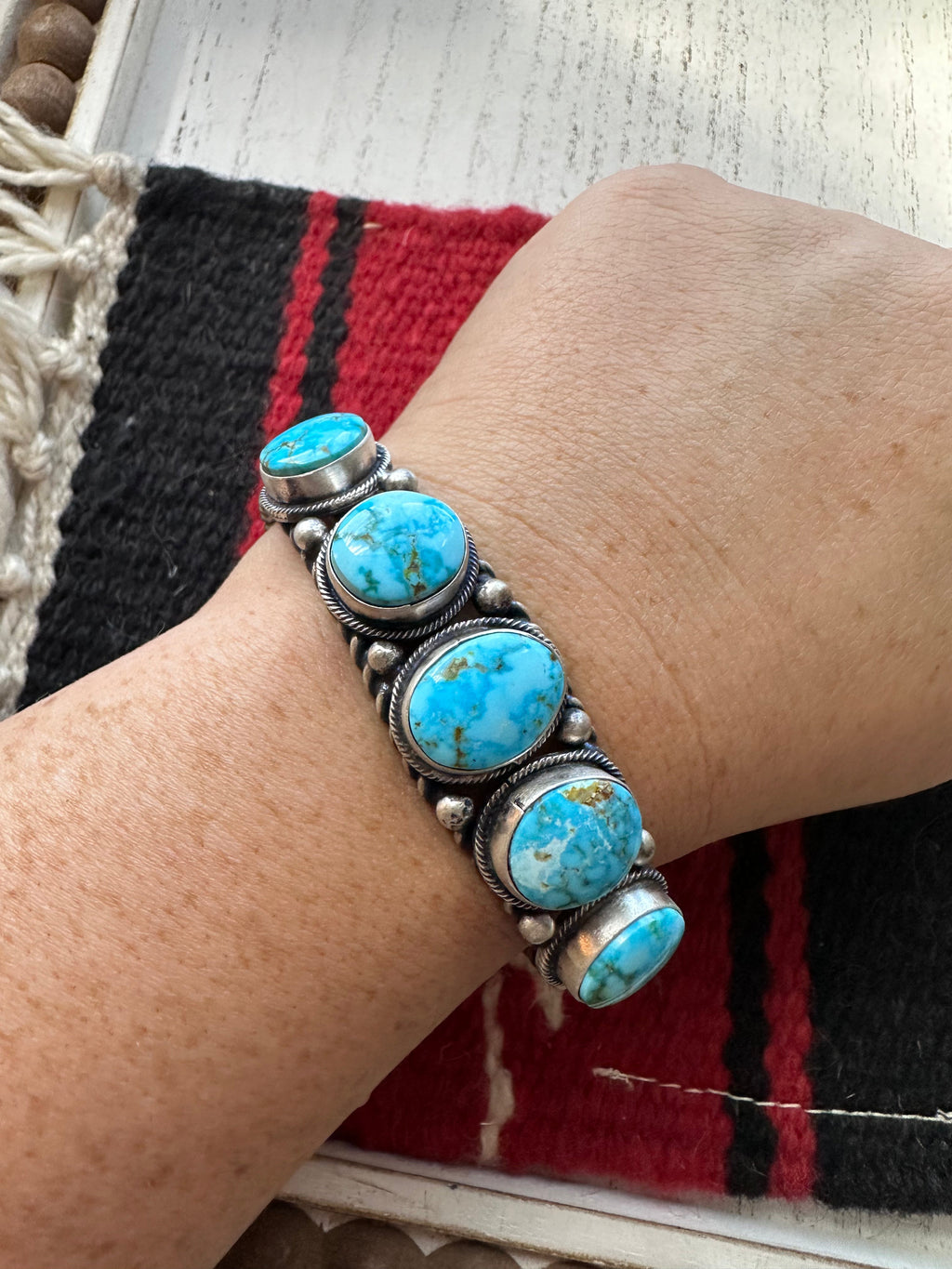 Handcrafted Sterling Silver & Turquoise 5 Stone Cuff Bracelet By B Johnson /