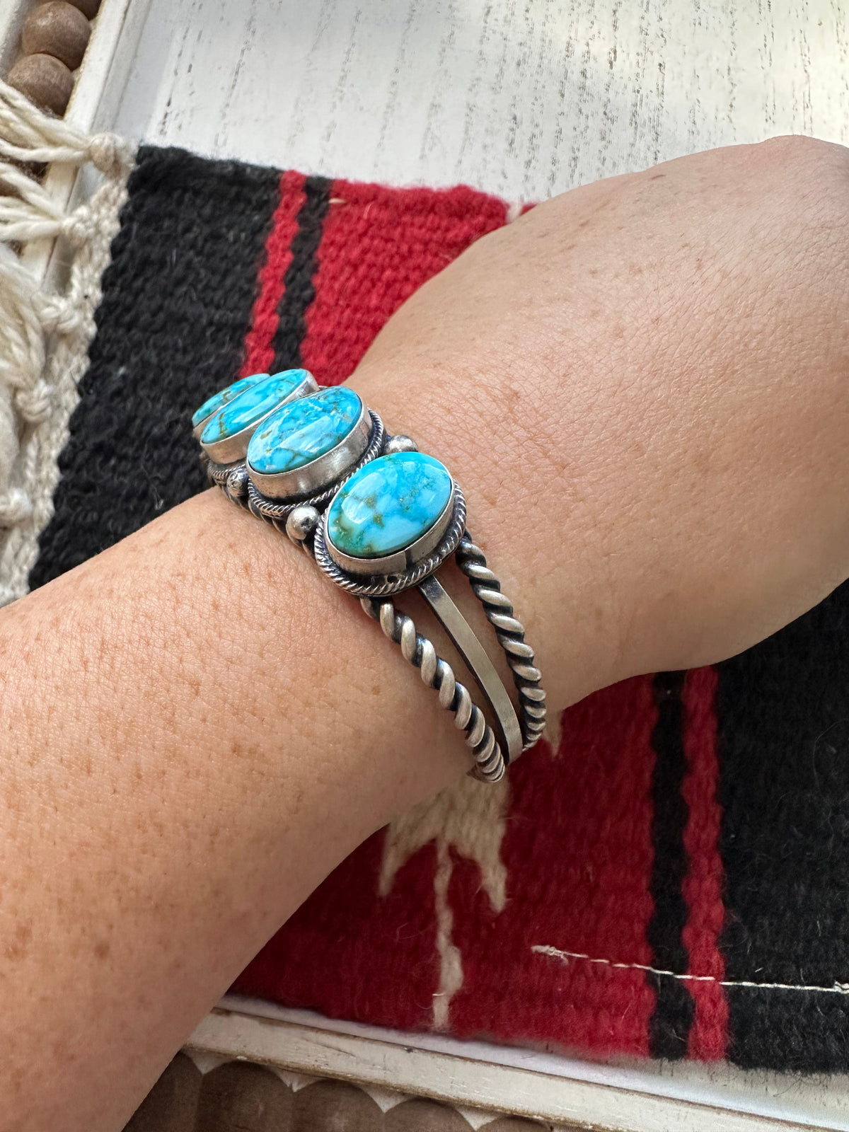 Handcrafted Sterling Silver & Turquoise 5 Stone Cuff Bracelet By B Johnson /