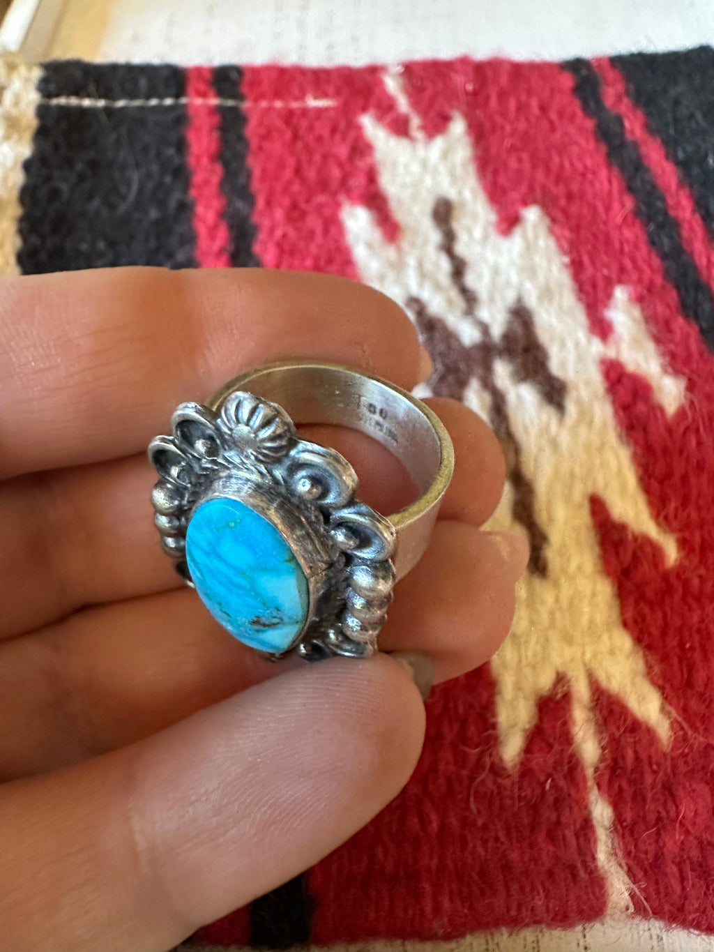 Handcrafted Sonoran Mountain Turquoise & Sterling Silver Single Stone Ring Size 8 Signed S.Tso