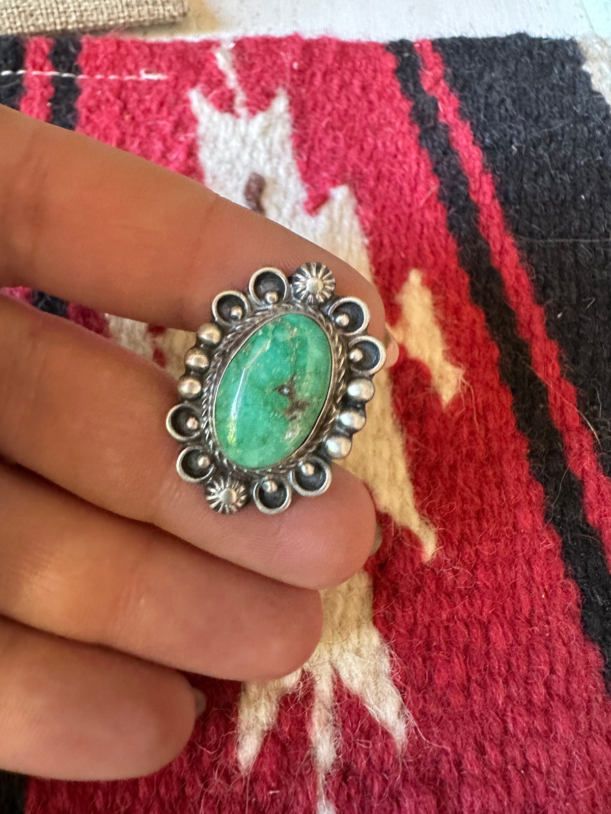 Handcrafted Sonoran Mountain Turquoise & Sterling Silver Single Stone Ring Size 8 Signed S.Tso
