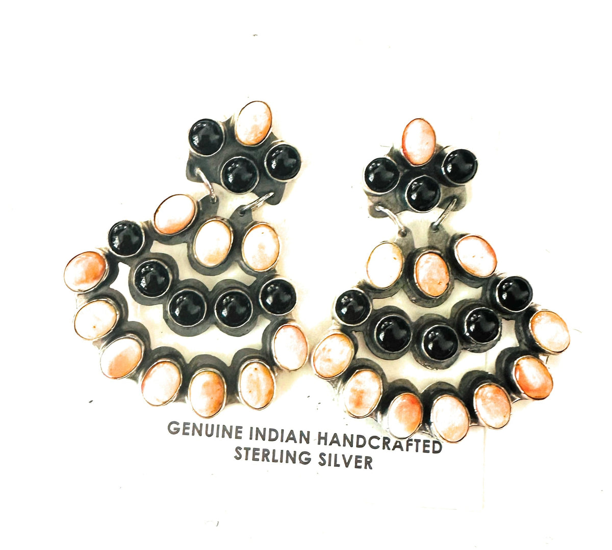 Handcrafted Onyx, Orange Spiny & Sterling Silver Cluster Dangle Earrings
