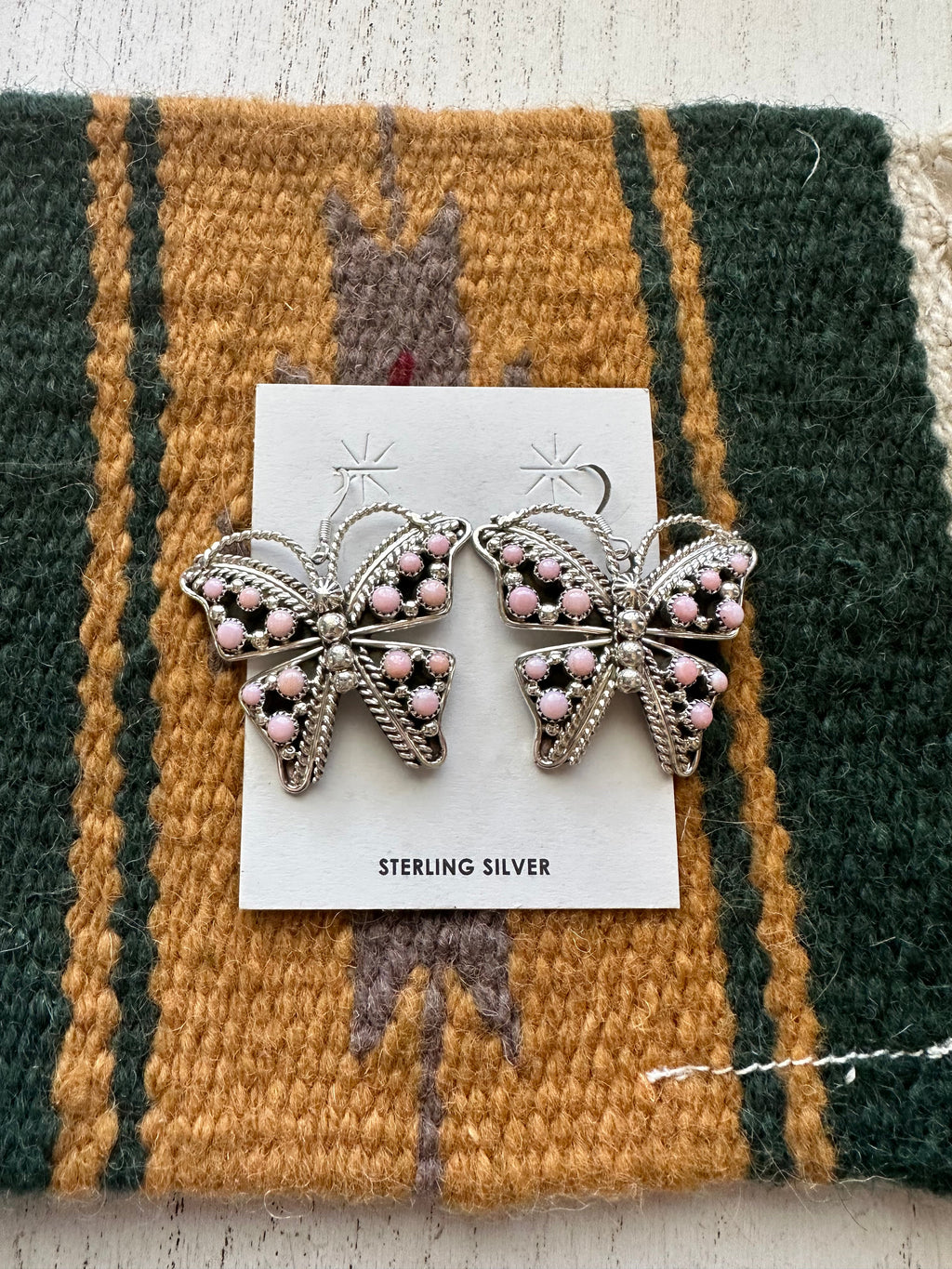 Handcrafted Queen Pink Conch & Sterling Silver Butterfly Dangle Earrings