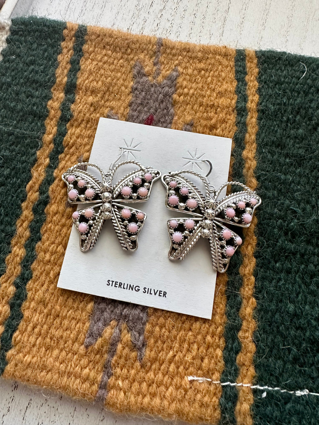 Handcrafted Queen Pink Conch & Sterling Silver Butterfly Dangle Earrings