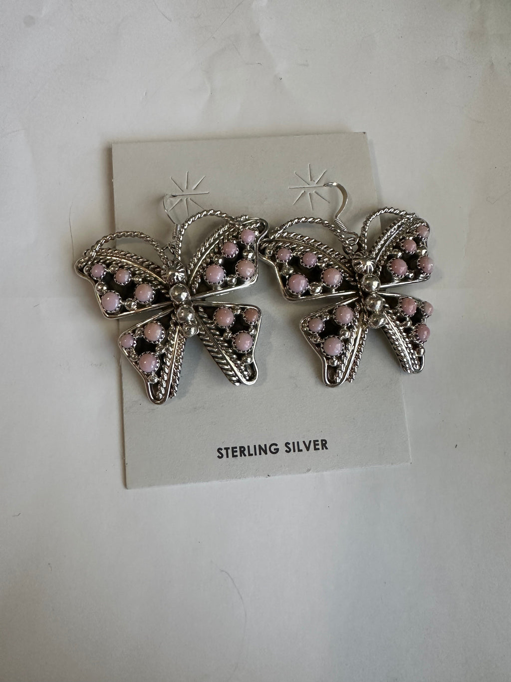 Handcrafted Queen Pink Conch & Sterling Silver Butterfly Dangle Earrings