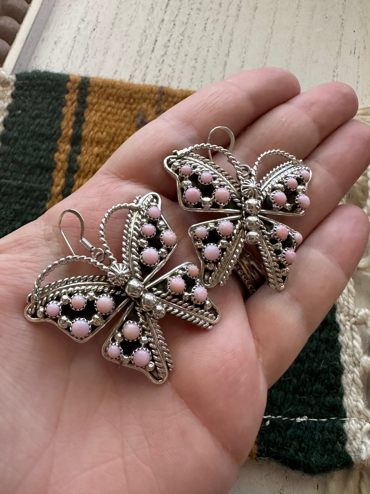 Handcrafted Queen Pink Conch & Sterling Silver Butterfly Dangle Earrings