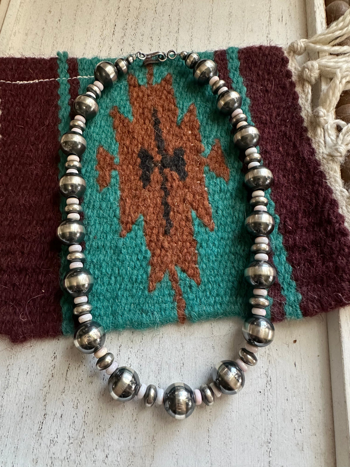 Handcrafted Pink Conch & Sterling Silver Beaded Necklace 18”