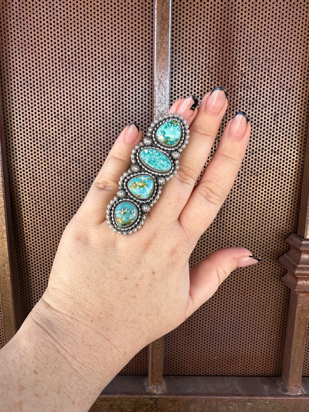 Handcrafted Sonoran Mountain Turquoise & Sterling Silver 4 Stone Ring Size 7.5 Signed