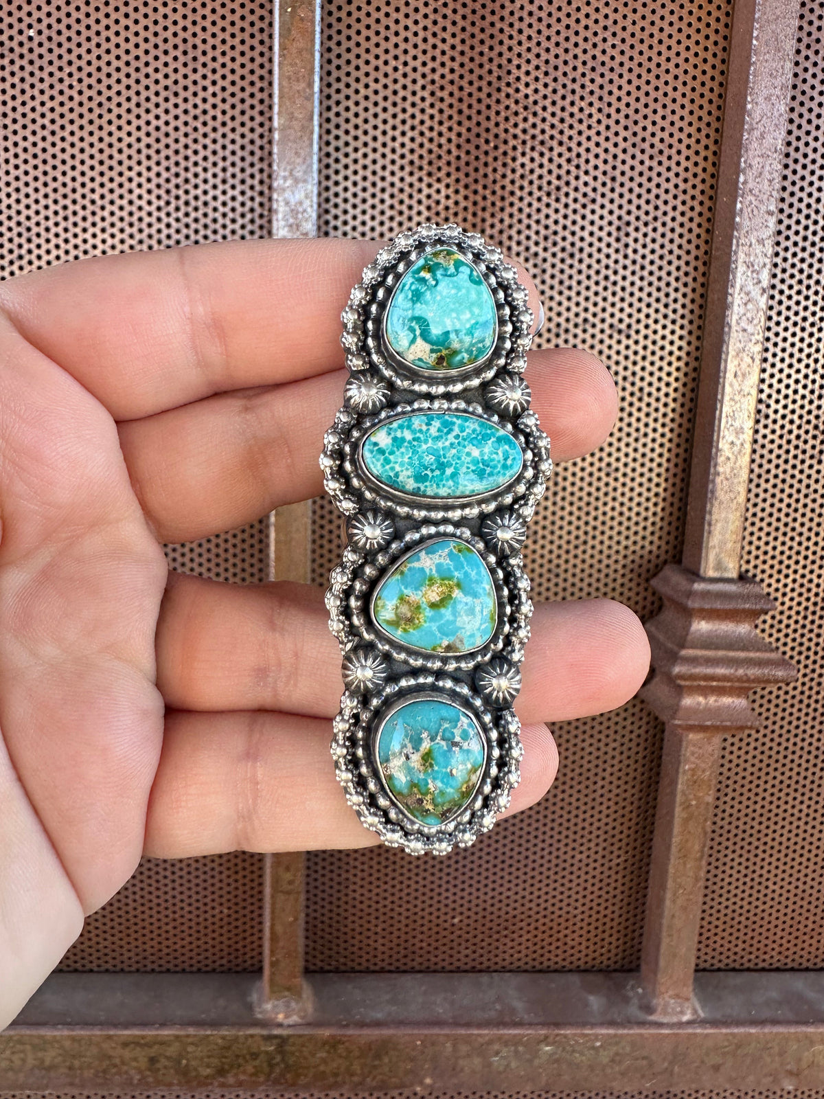 Handcrafted Sonoran Mountain Turquoise & Sterling Silver 4 Stone Ring Size 7.5 Signed