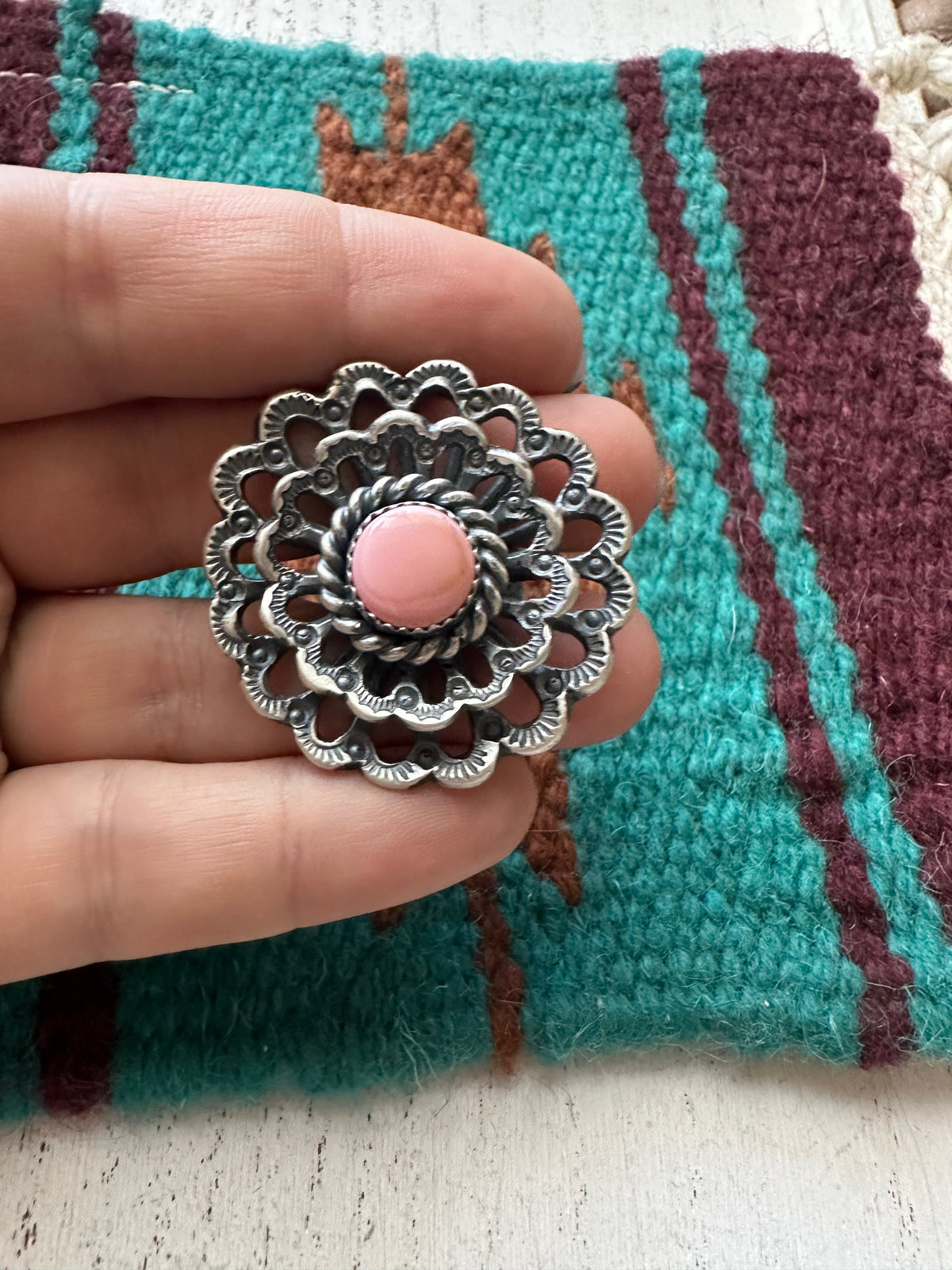 Handcrafted Pink Conch And Sterling Silver Adjustable Flower Ring Signed K Billah