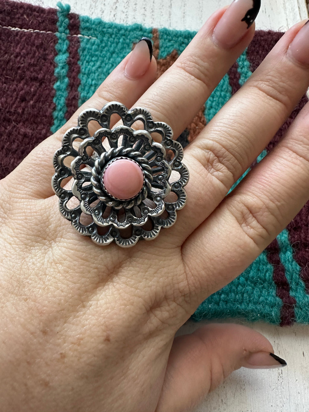 Handcrafted Pink Conch And Sterling Silver Adjustable Flower Ring Signed K Billah