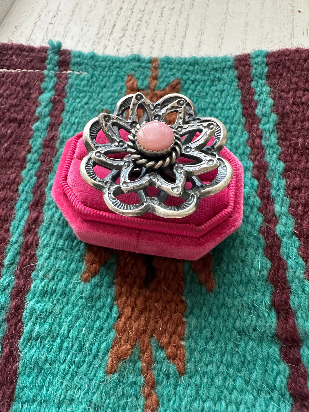 Handcrafted Pink Conch And Sterling Silver Adjustable Flower Ring Signed K Billah