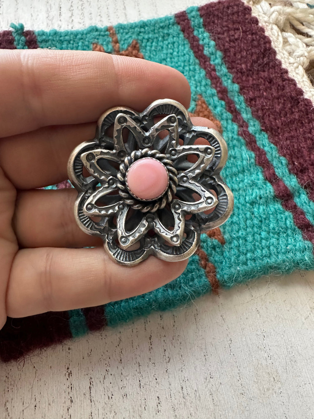 Handcrafted Pink Conch And Sterling Silver Adjustable Flower Ring Signed K Billah