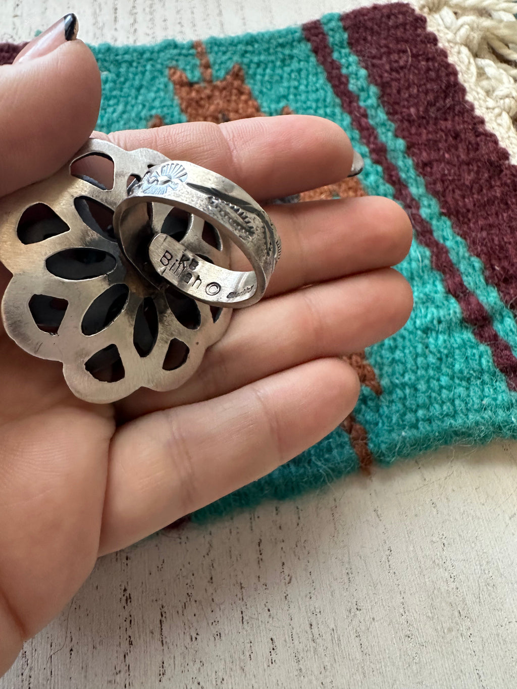 Handcrafted Pink Conch And Sterling Silver Adjustable Flower Ring Signed K Billah