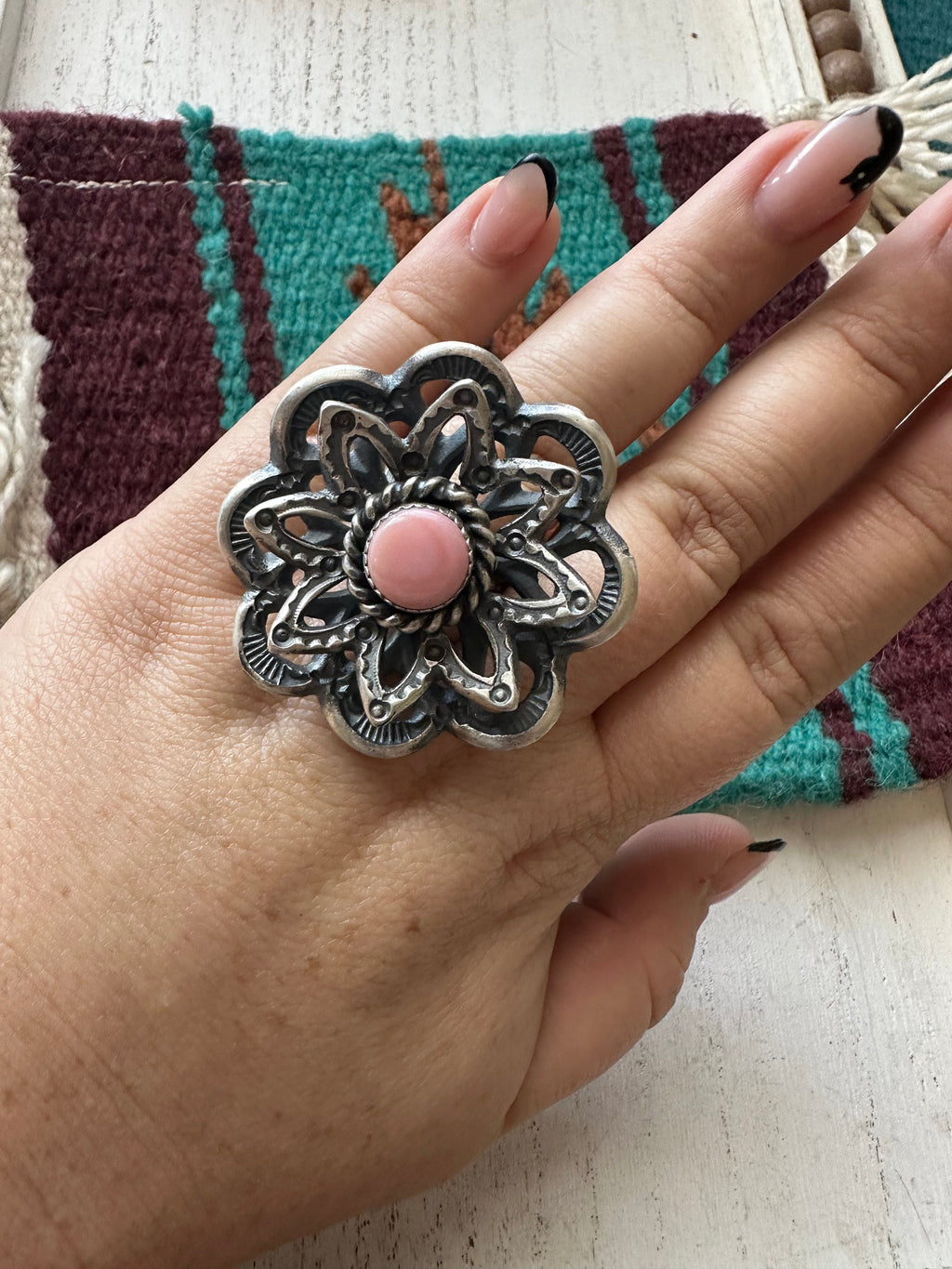 Handcrafted Pink Conch And Sterling Silver Adjustable Flower Ring Signed K Billah