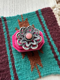 Handcrafted Pink Conch And Sterling Silver Adjustable Flower Ring Signed K Billah