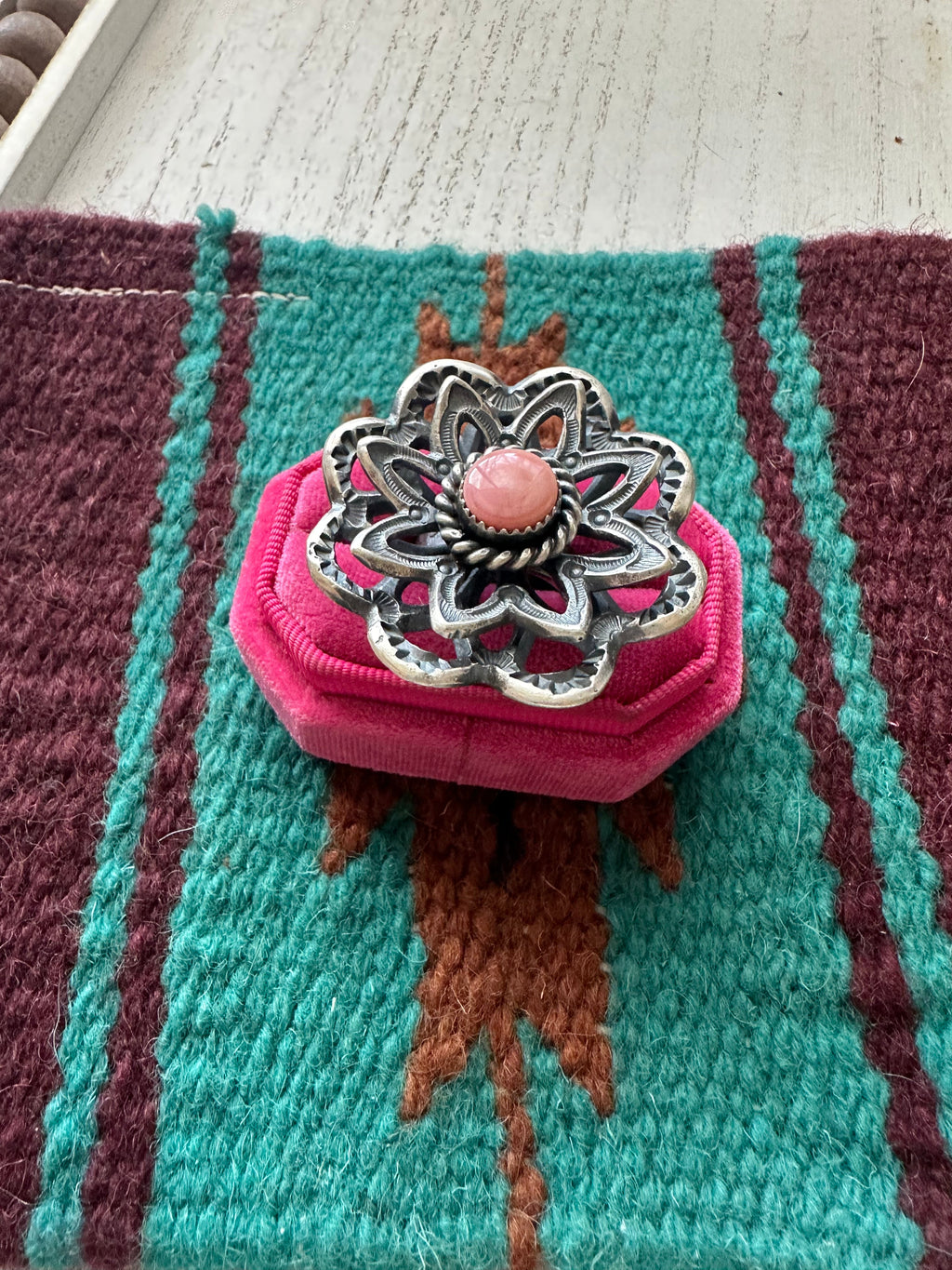Handcrafted Pink Conch And Sterling Silver Adjustable Flower Ring Signed K Billah