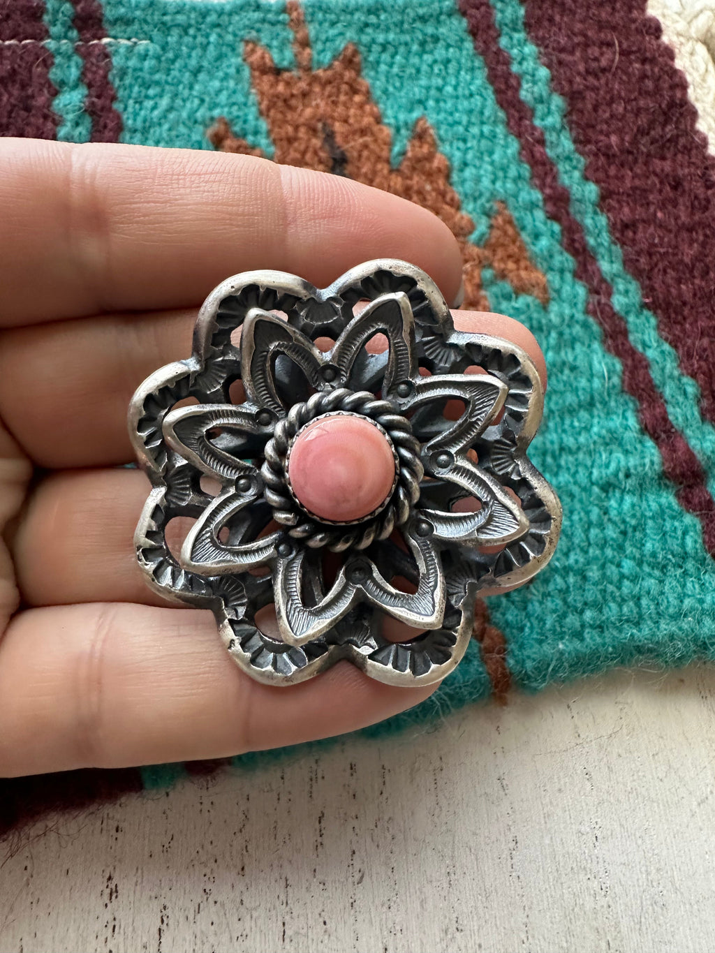 Handcrafted Pink Conch And Sterling Silver Adjustable Flower Ring Signed K Billah