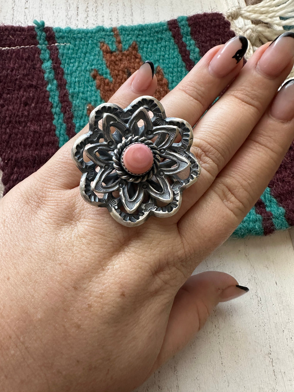 Handcrafted Pink Conch And Sterling Silver Adjustable Flower Ring Signed K Billah