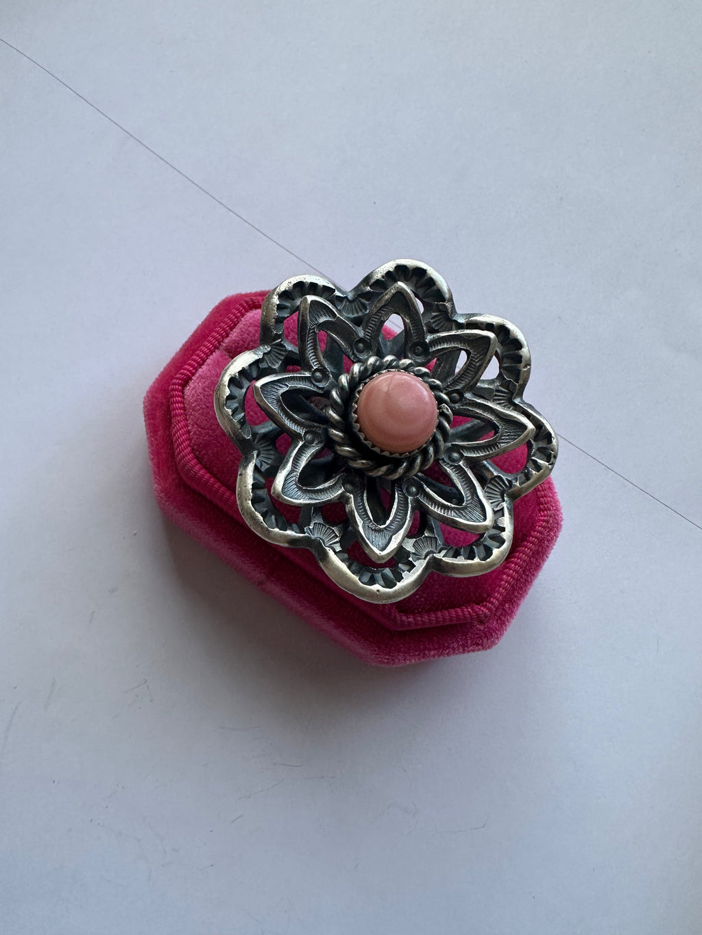 Handcrafted Pink Conch And Sterling Silver Adjustable Flower Ring Signed K Billah