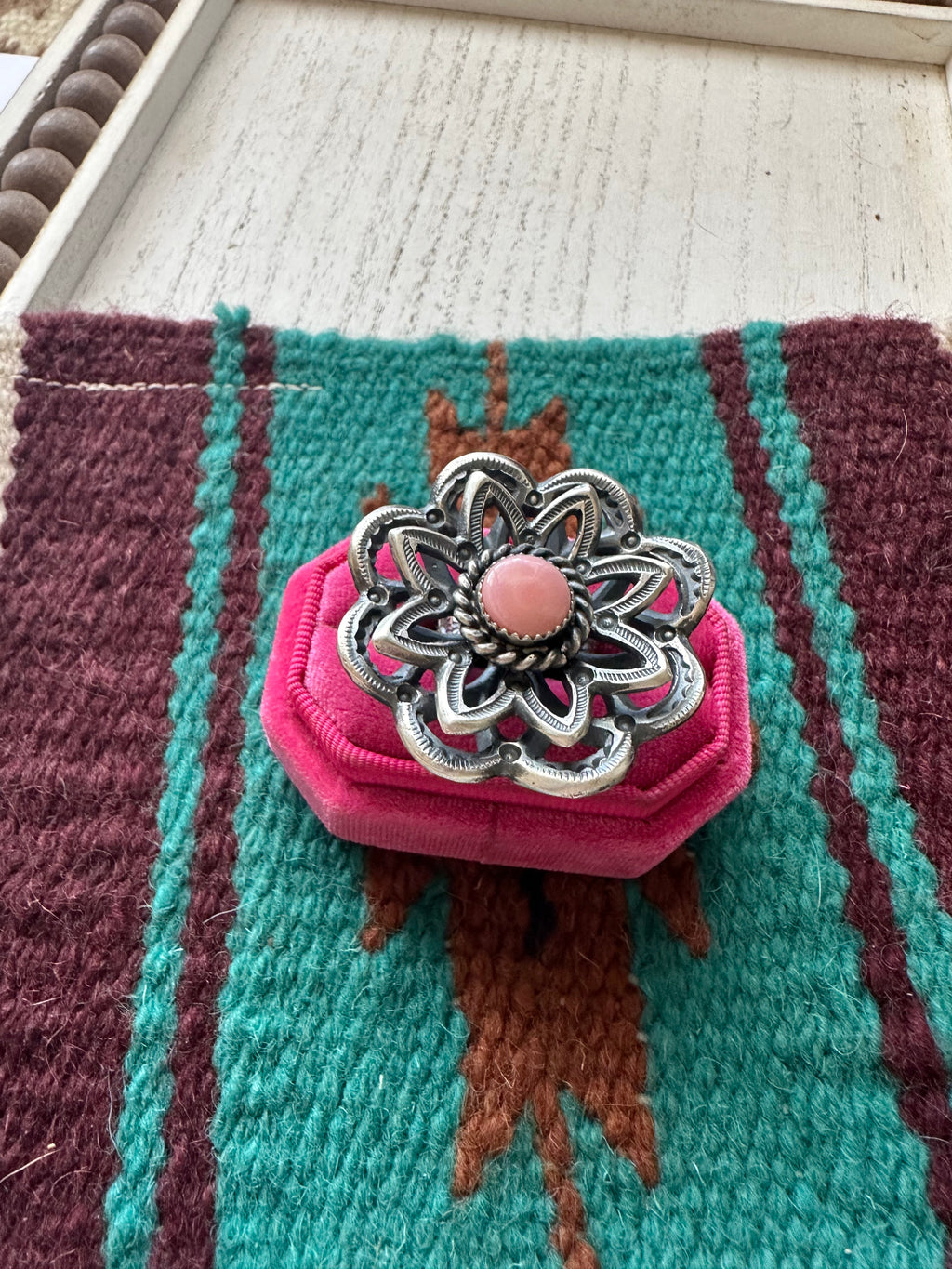 Handcrafted Pink Conch And Sterling Silver Adjustable Flower Ring Signed K Billah