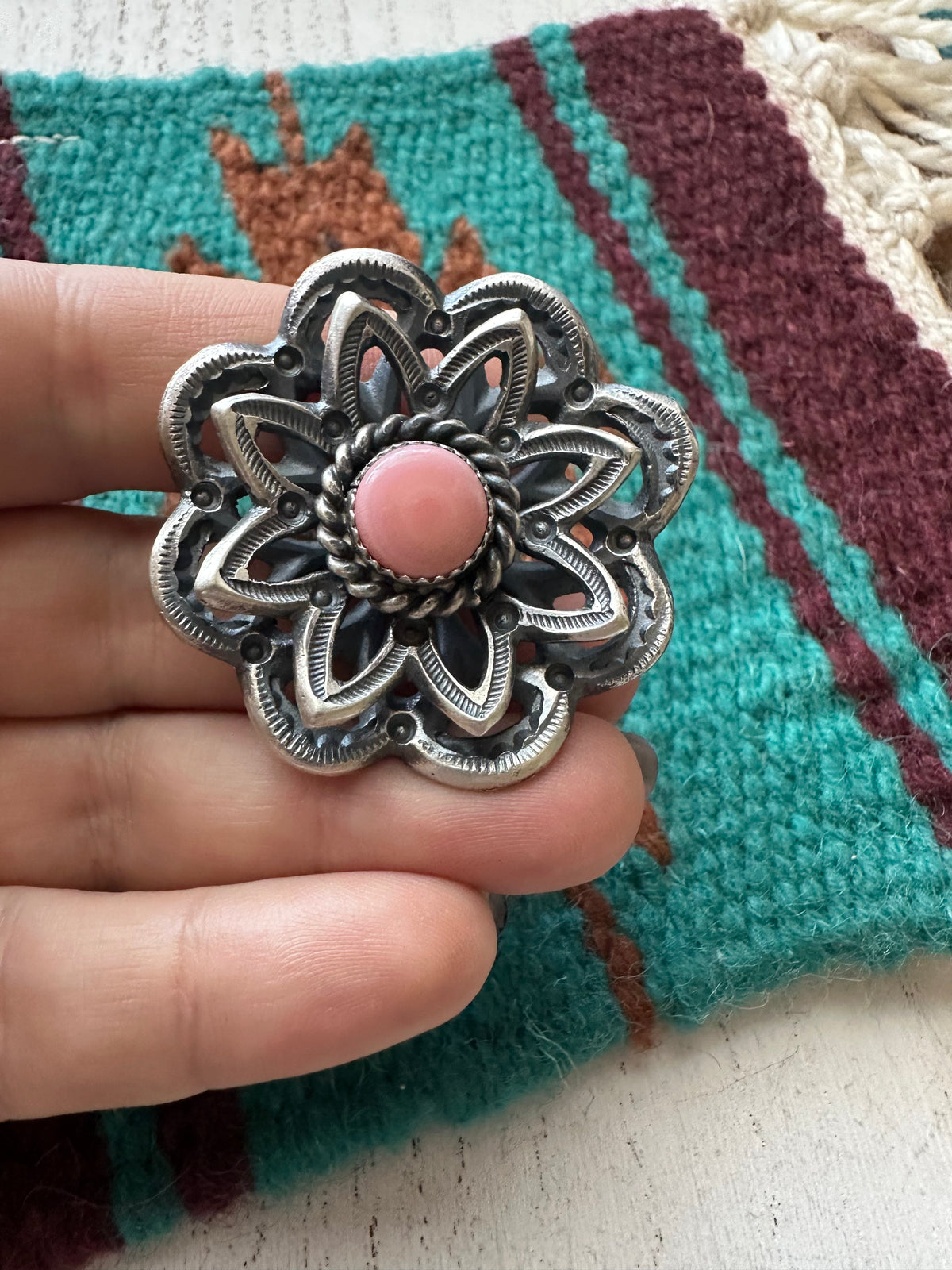 Handcrafted Pink Conch And Sterling Silver Adjustable Flower Ring Signed K Billah