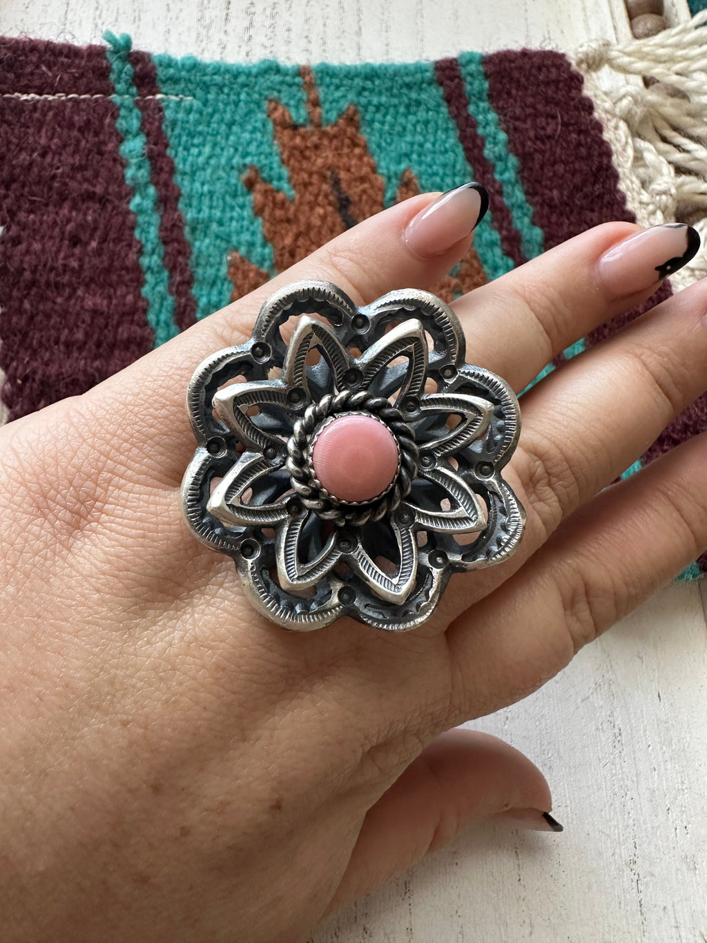 Handcrafted Pink Conch And Sterling Silver Adjustable Flower Ring Signed K Billah