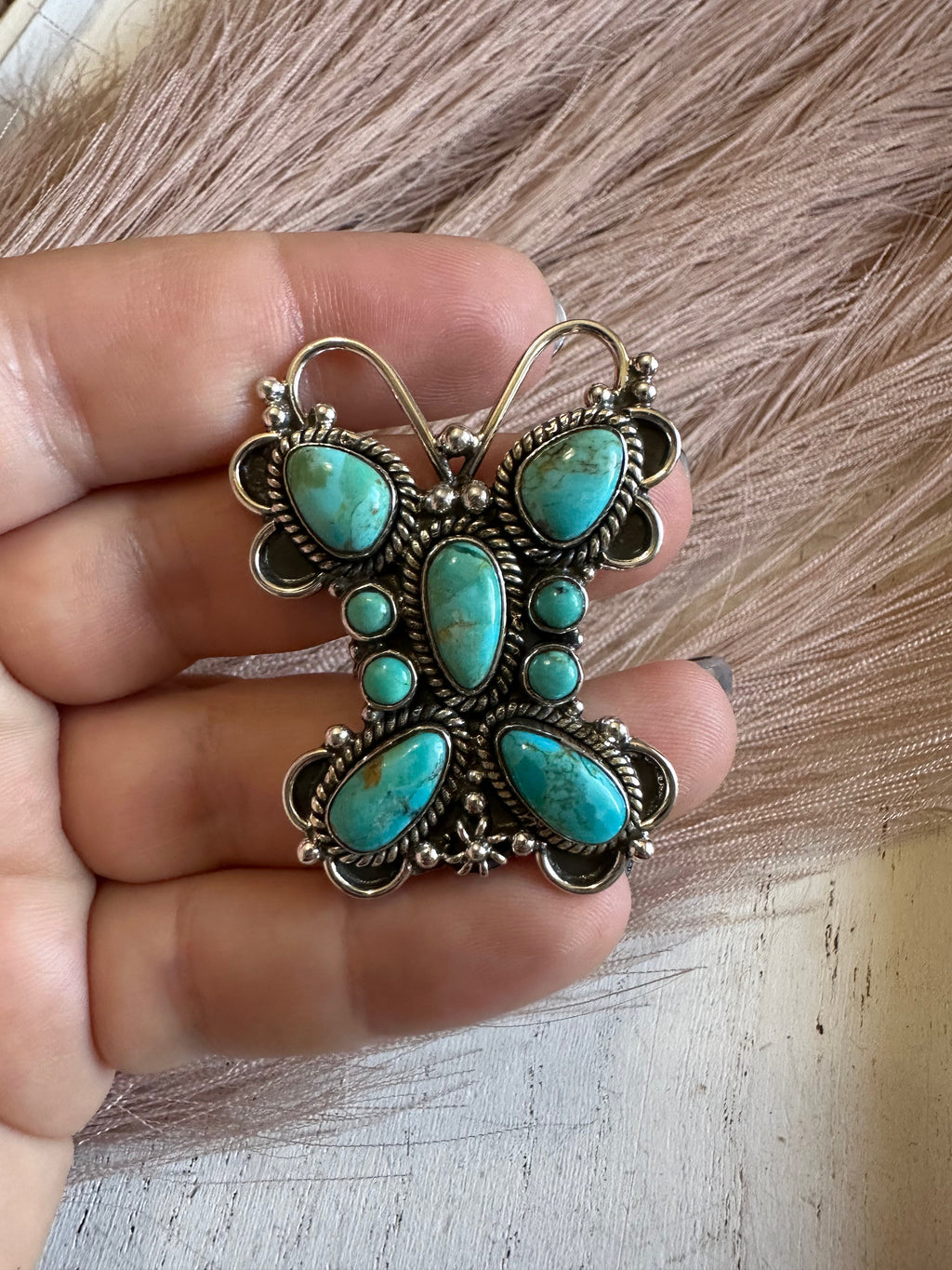 Handmade Turquoise & Sterling Silver Adjustable Butterfly Ring Signed Nizhoni
