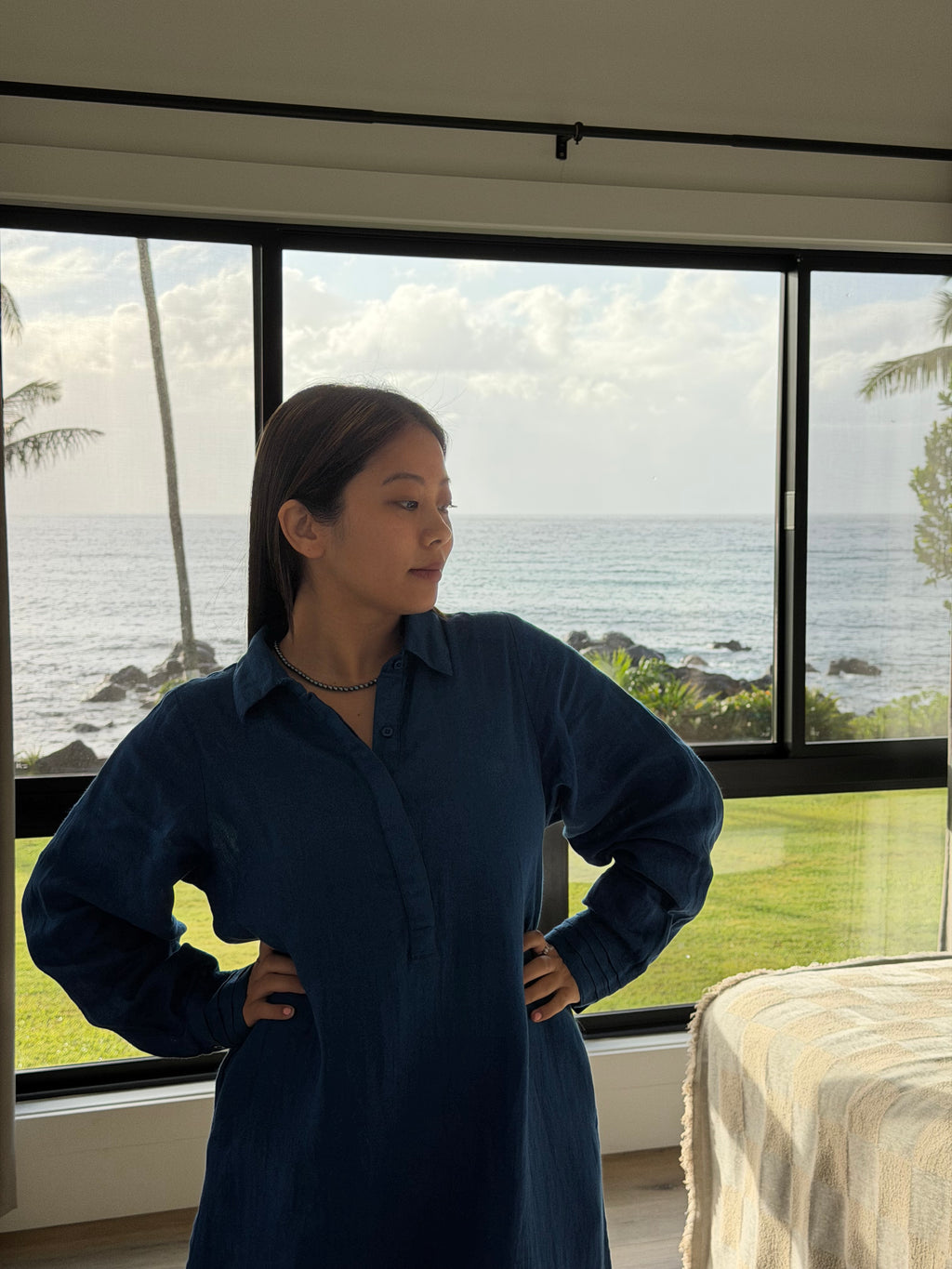 Kai Linen Dress in cobalt, side view