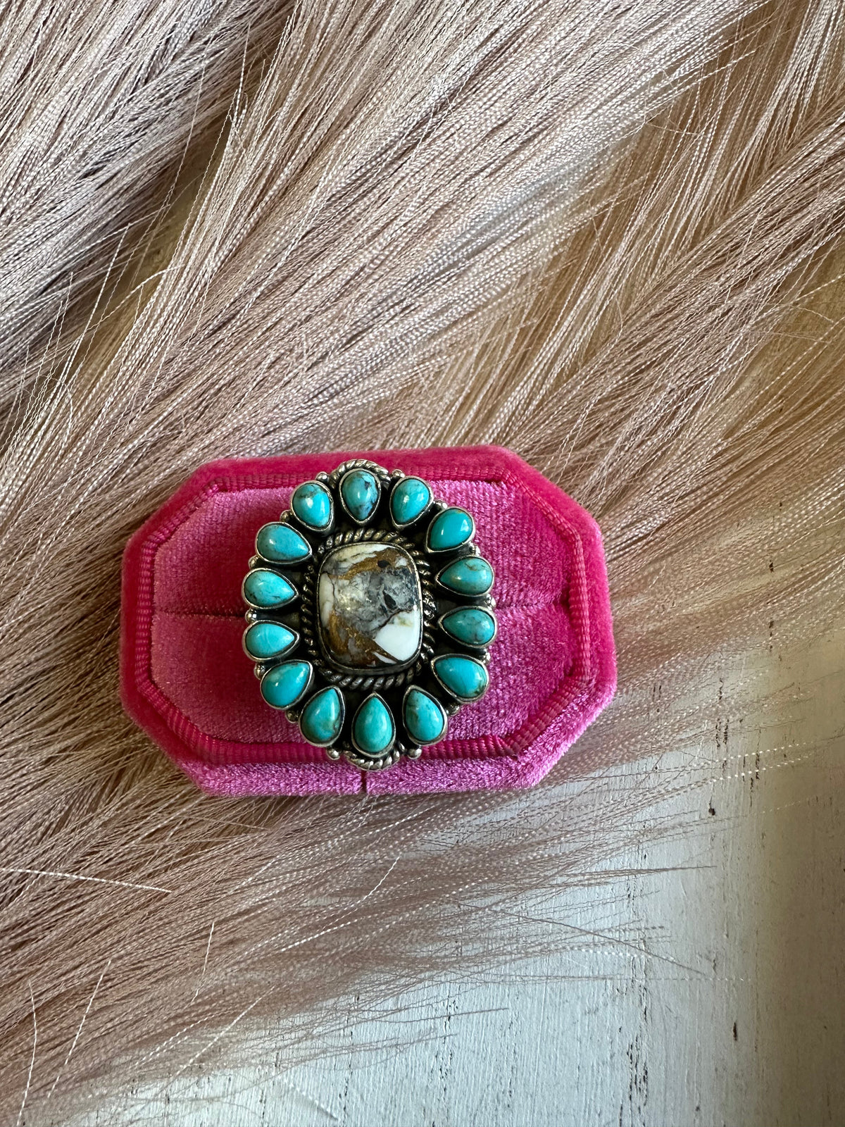 Handmade White Buffalo Mojave, Turquoise & Sterling Silver Adjustable Rectangle Ring Signed Nizhoni