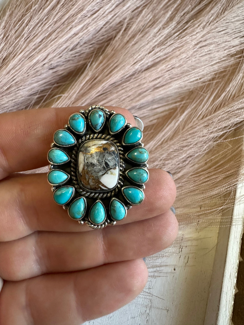 Handmade White Buffalo Mojave, Turquoise & Sterling Silver Adjustable Rectangle Ring Signed Nizhoni
