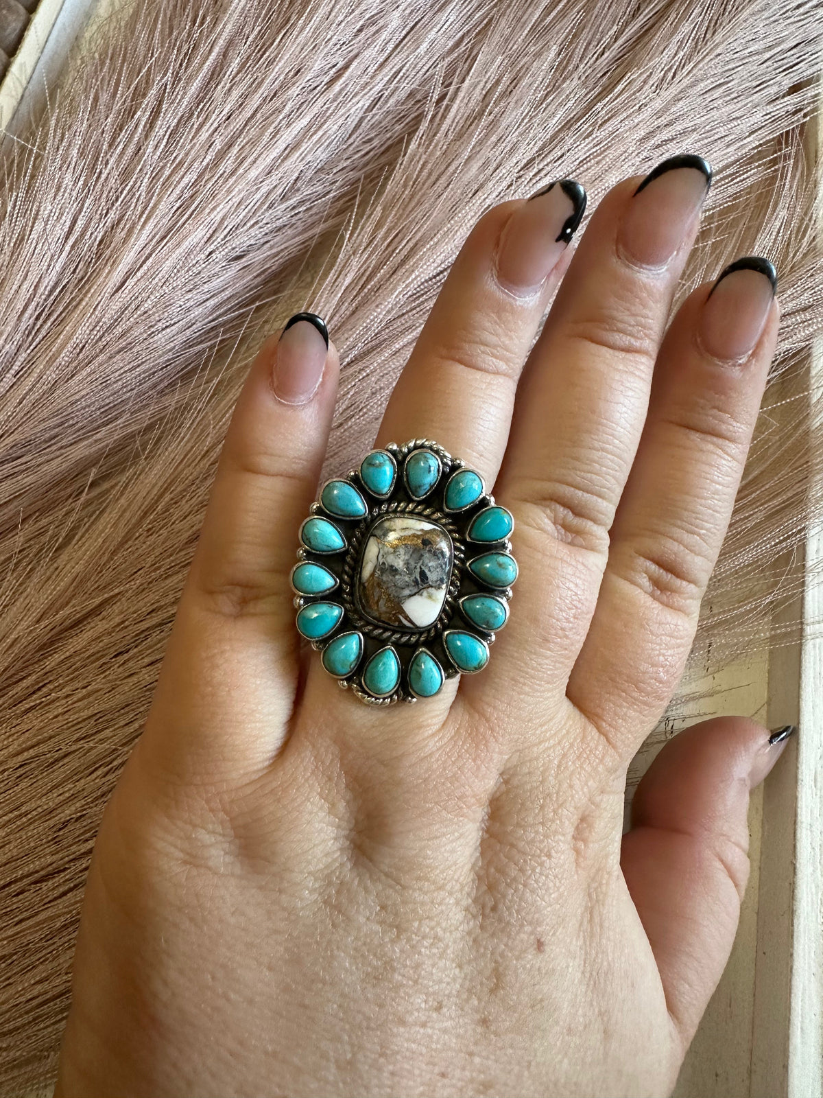 Handmade White Buffalo Mojave, Turquoise & Sterling Silver Adjustable Rectangle Ring Signed Nizhoni