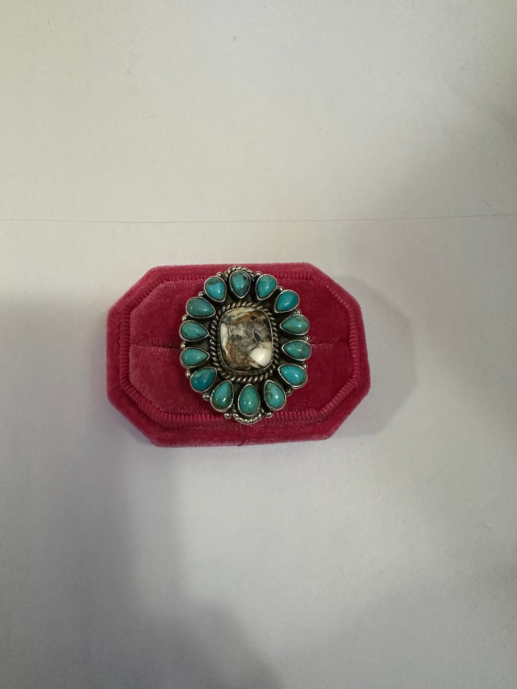 Handmade White Buffalo Mojave, Turquoise & Sterling Silver Adjustable Rectangle Ring Signed Nizhoni
