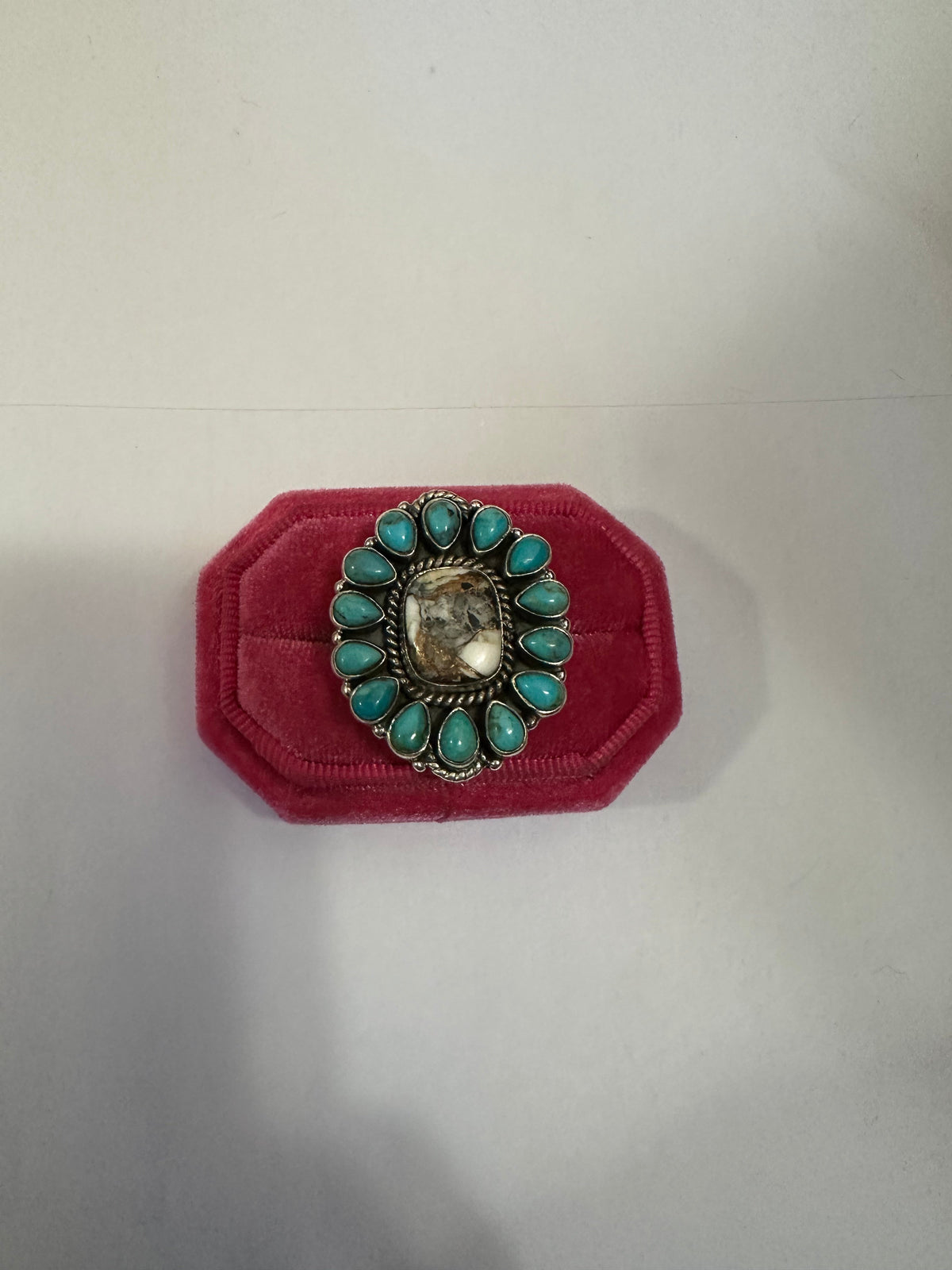 Handmade White Buffalo Mojave, Turquoise & Sterling Silver Adjustable Rectangle Ring Signed Nizhoni