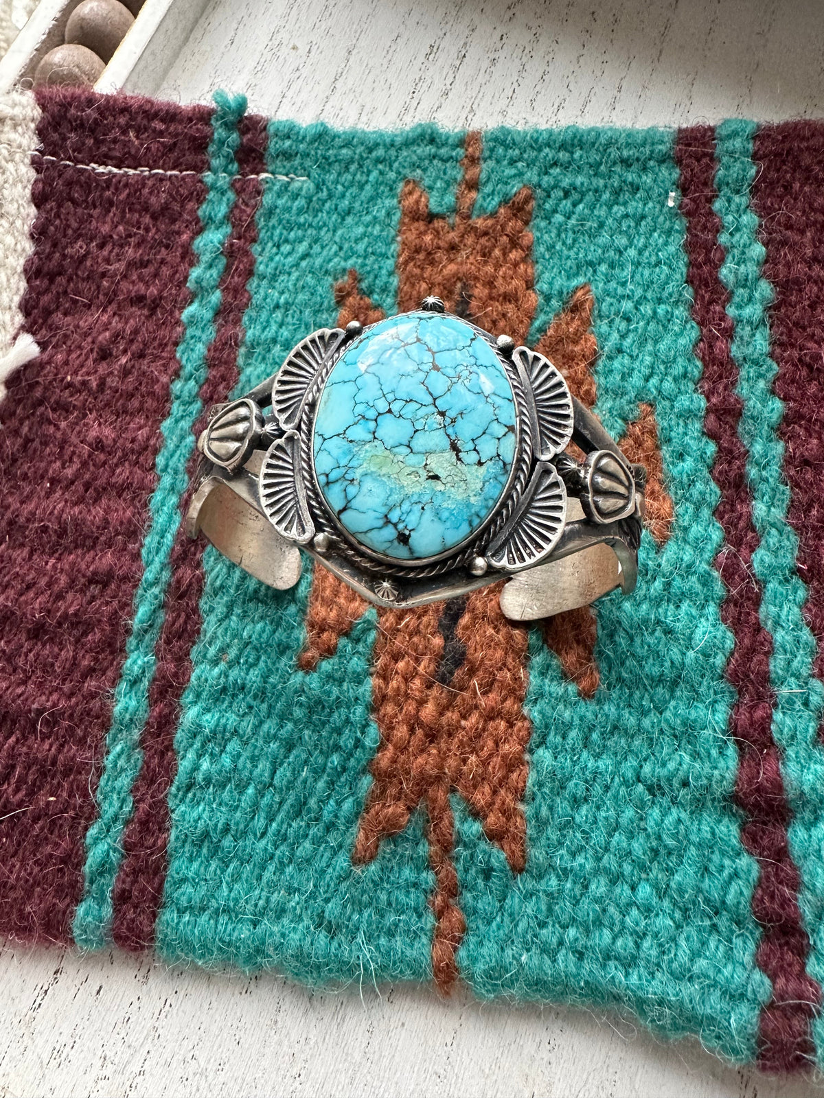 Handcrafted Kingman Web Turquoise And Sterling Silver Single Stone Cuff Bracelet Signed S.Tso