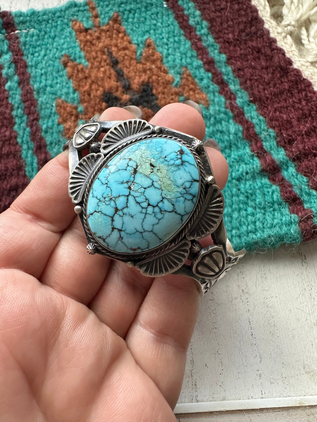 Handcrafted Kingman Web Turquoise And Sterling Silver Single Stone Cuff Bracelet Signed S.Tso