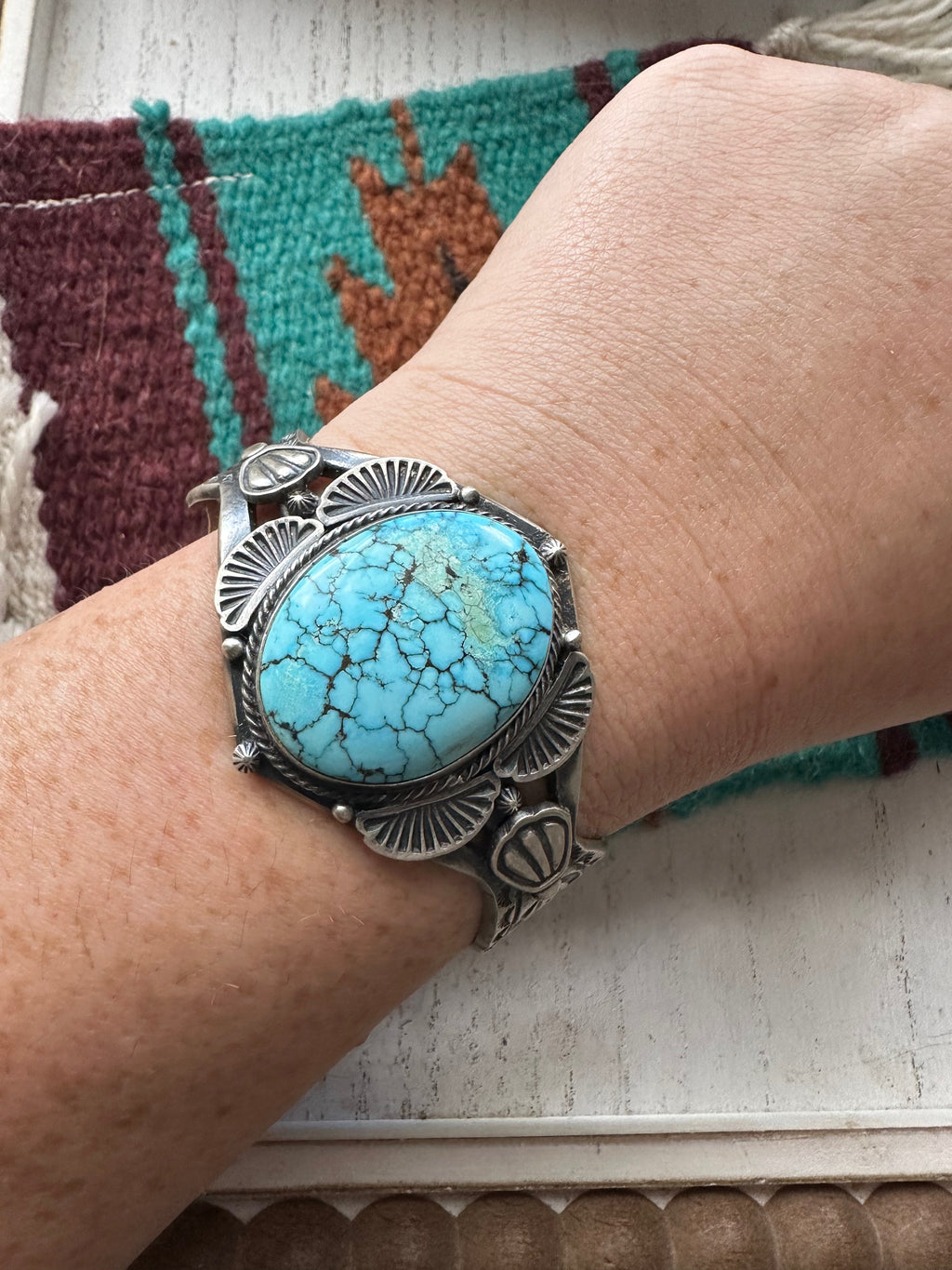 Handcrafted Kingman Web Turquoise And Sterling Silver Single Stone Cuff Bracelet Signed S.Tso