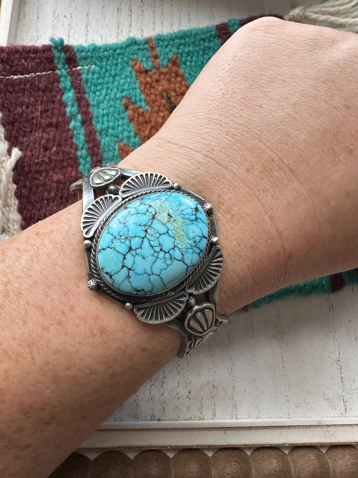 Handcrafted Kingman Web Turquoise And Sterling Silver Single Stone Cuff Bracelet Signed S.Tso