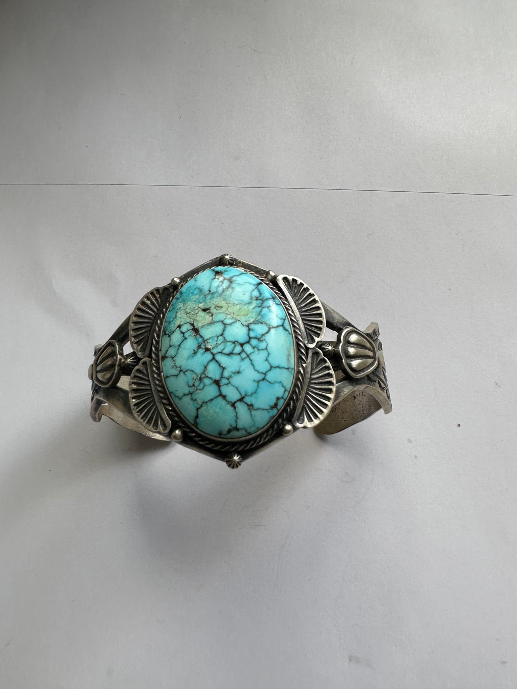 Handcrafted Kingman Web Turquoise And Sterling Silver Single Stone Cuff Bracelet Signed S.Tso