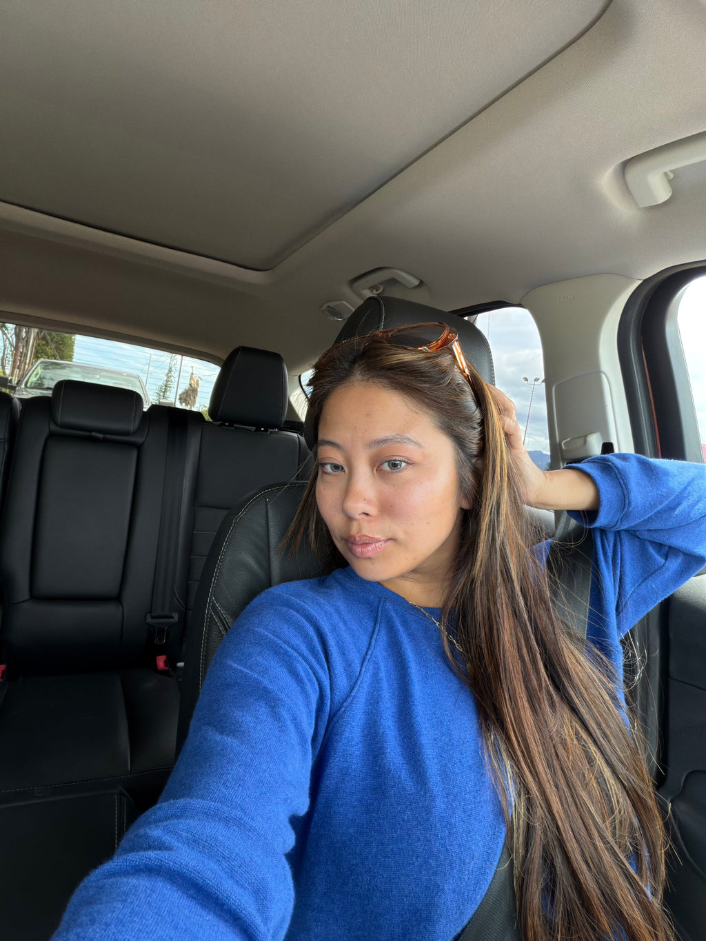 Frankie Crewneck in royal blue, styled on model