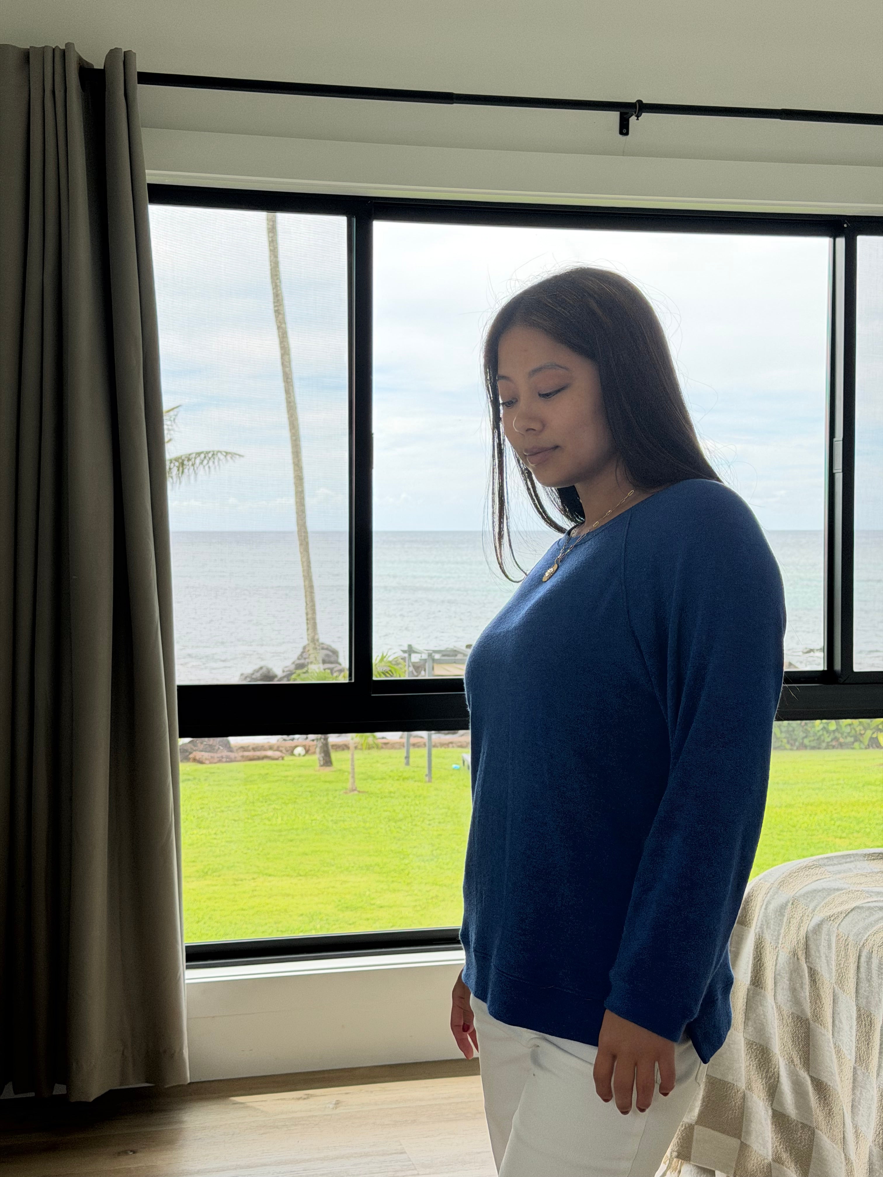 Frankie Crewneck royal blue — brushed knit sleeve detail