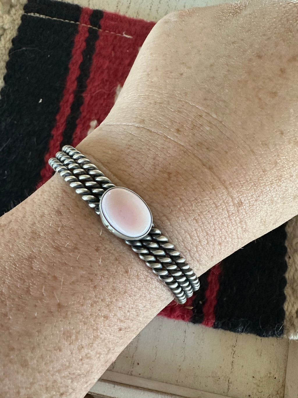 Handcrafted Circle Pink Conch & Sterling Silver Adjustable Cuff Bracelet