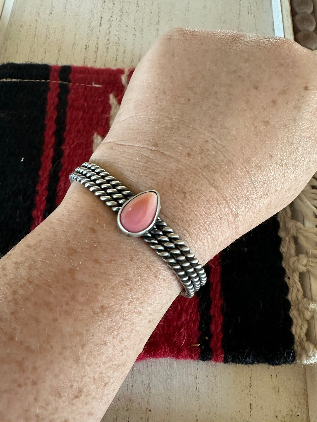 Handcrafted Tear Drop Pink Conch & Sterling Silver Adjustable Cuff Bracelet