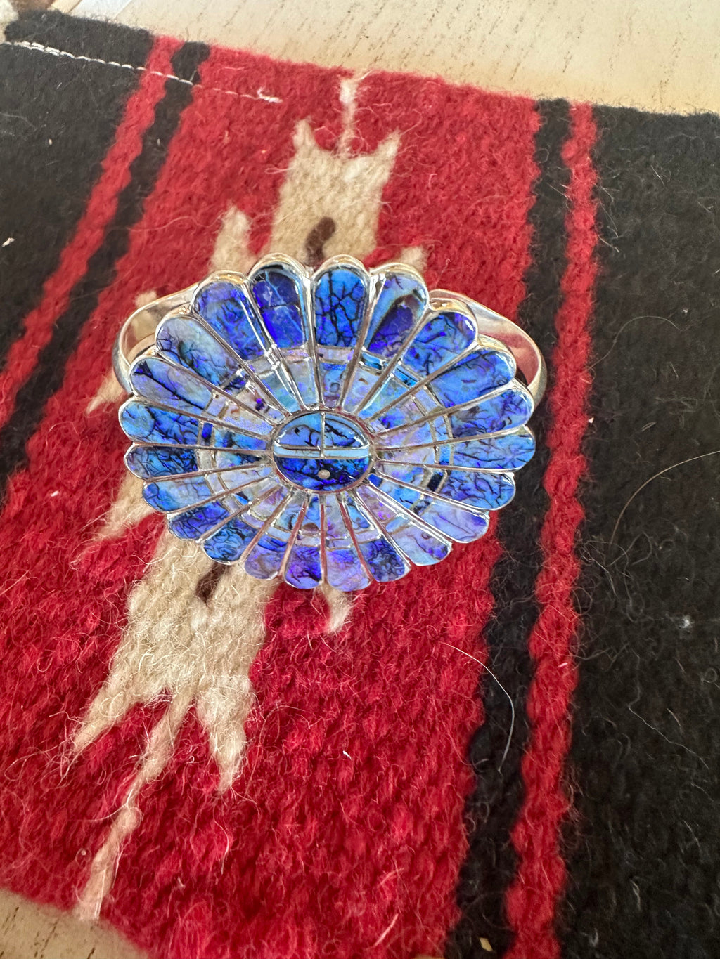 Handmade Sterling & Blue Opal Web Inlay Cuff Bracelet Signed /
