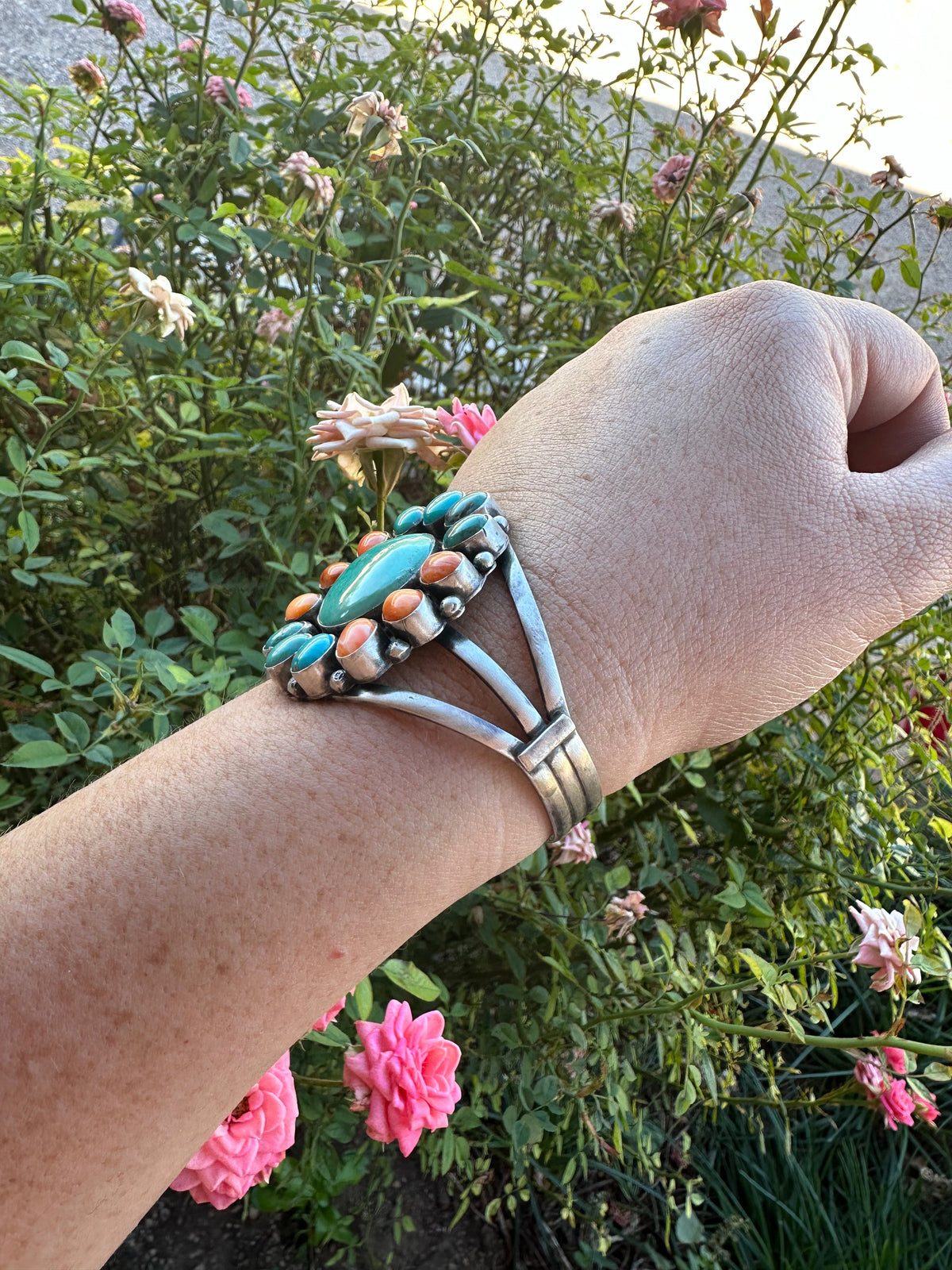 Handcrafted Sterling Silver, Turquoise & Orange Spiny Bracelet Cuff Signed Sheila Becenti