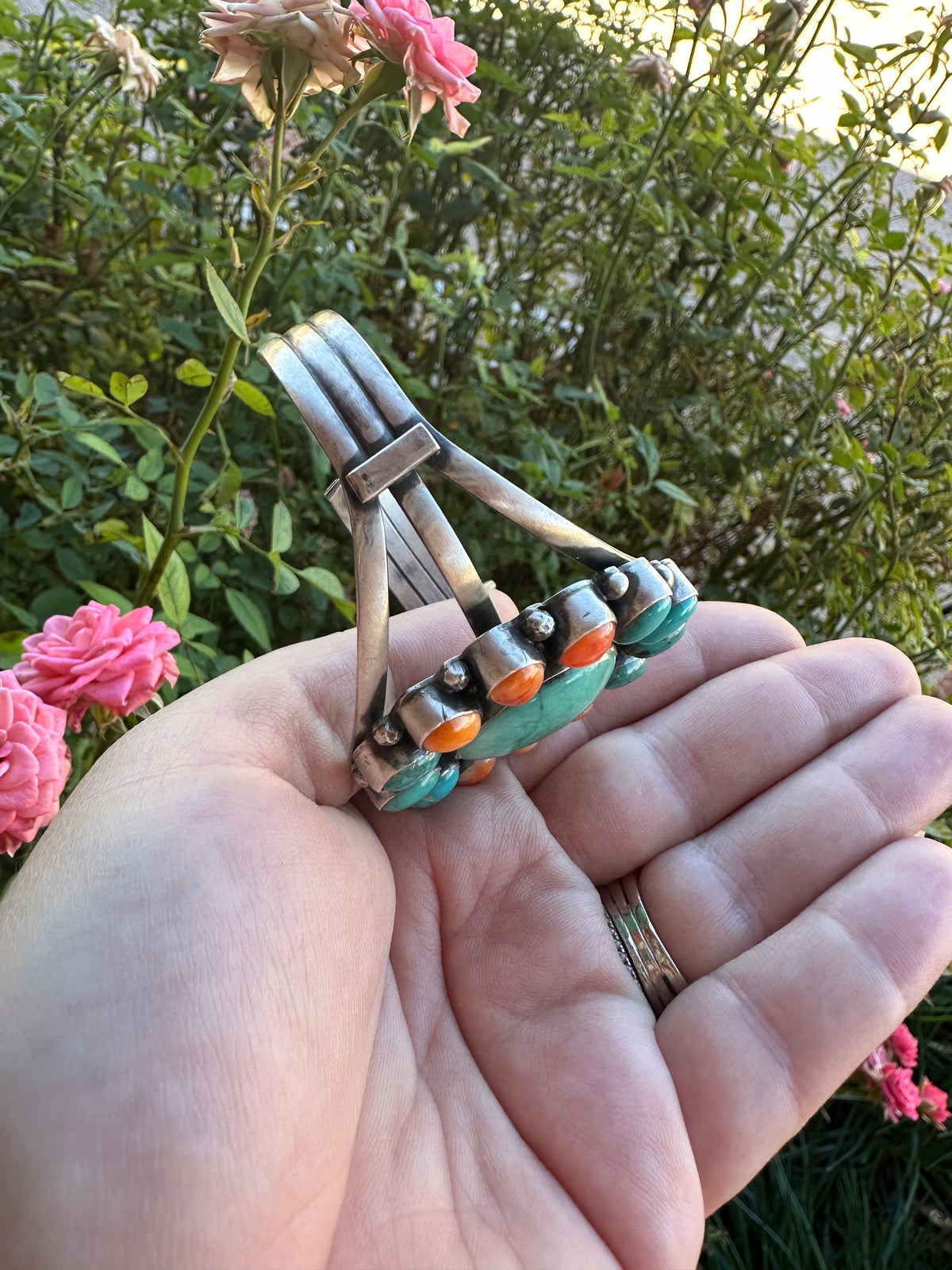 Handcrafted Sterling Silver, Turquoise & Orange Spiny Bracelet Cuff Signed Sheila Becenti