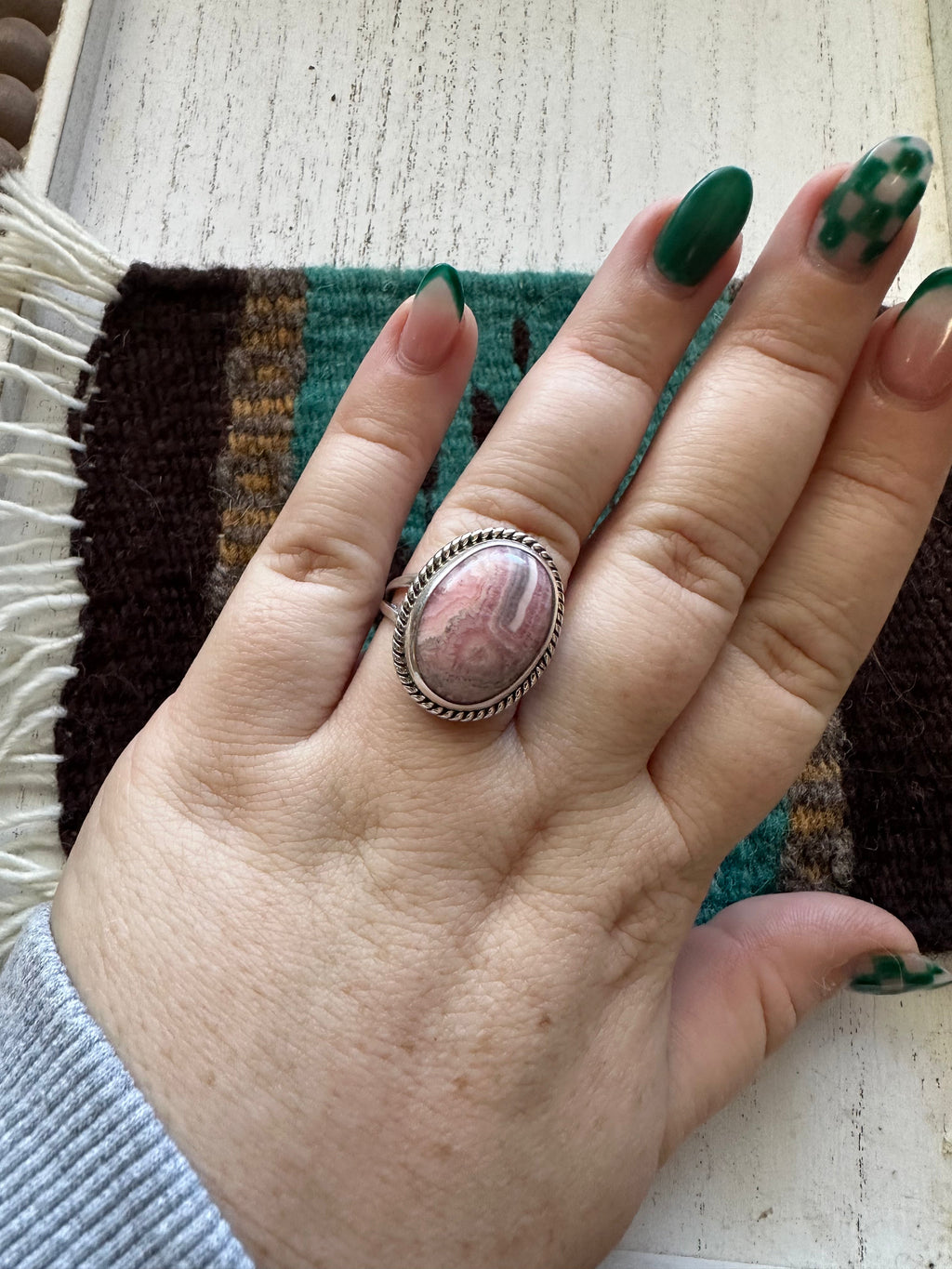 Handcrafted Rhodochrosite And Sterling Silver Ring Size 8.75
