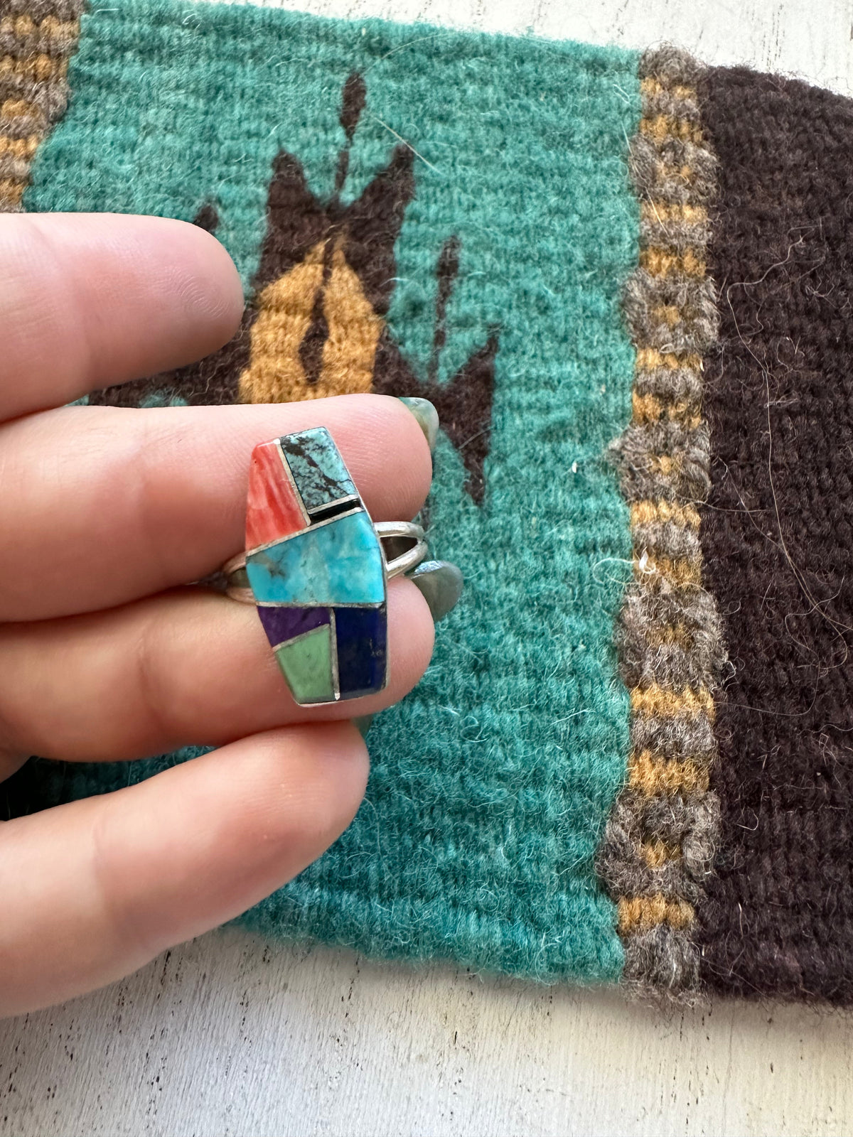 Handcrafted Sterling Silver & Multi Stone Inlay Ring Size 6.5
