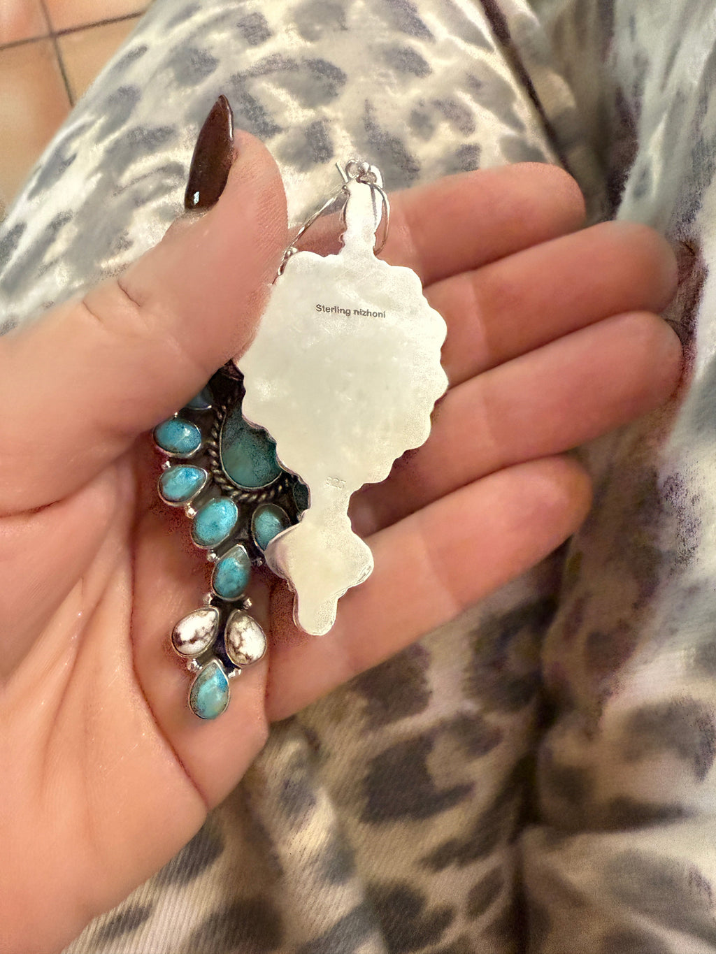 Handmade Turquoise, Wild Horse And Sterling Silver Cluster Dangle Earrings