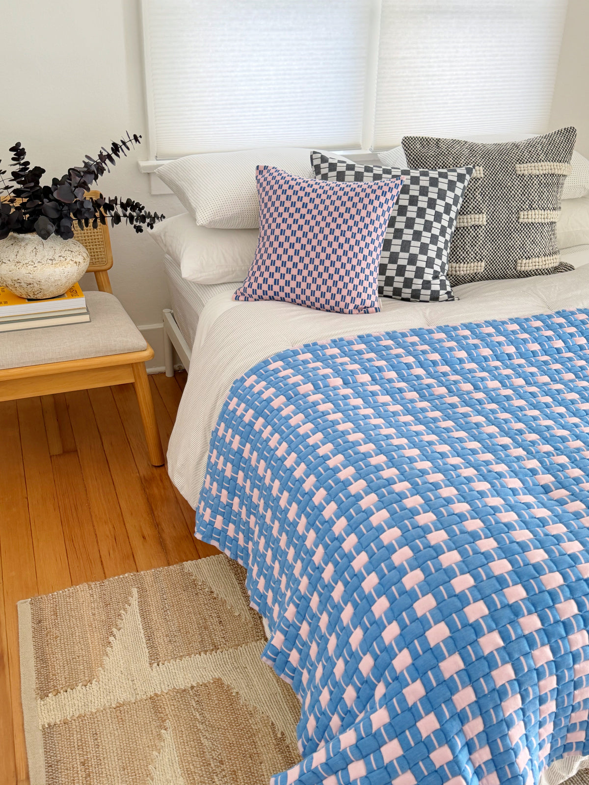 Quilted Sujani Throw Blanket - Soft Pink and Blue