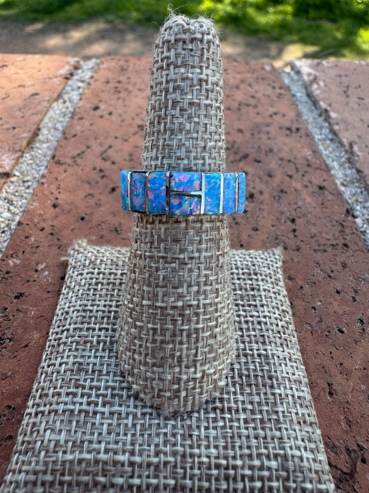 Handcrafted Sterling Silver & Blue Fire Opal Inlay Band Ring